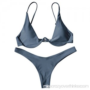 DressLily Strappy Plunge Bathing Suit High Cut Thong Bikini Set Gray B07CQK4BGD